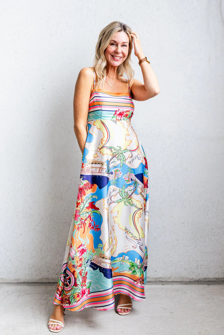 Women's maxi dress with exciting graphic print and playful design