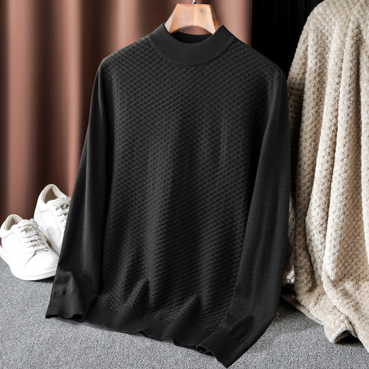 Men's Fine Knit Pullover with High Collar and Textured Surface Lisslune