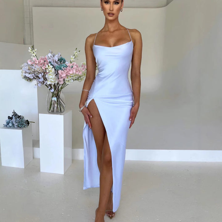 Women's Elegant Maxi Dress with High Slit and Slim Strap Design