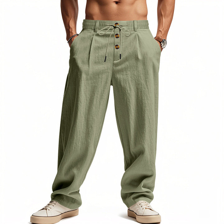 Men's casual loose-fitting leisure pants with elastic waistband and functional button details Lisslune