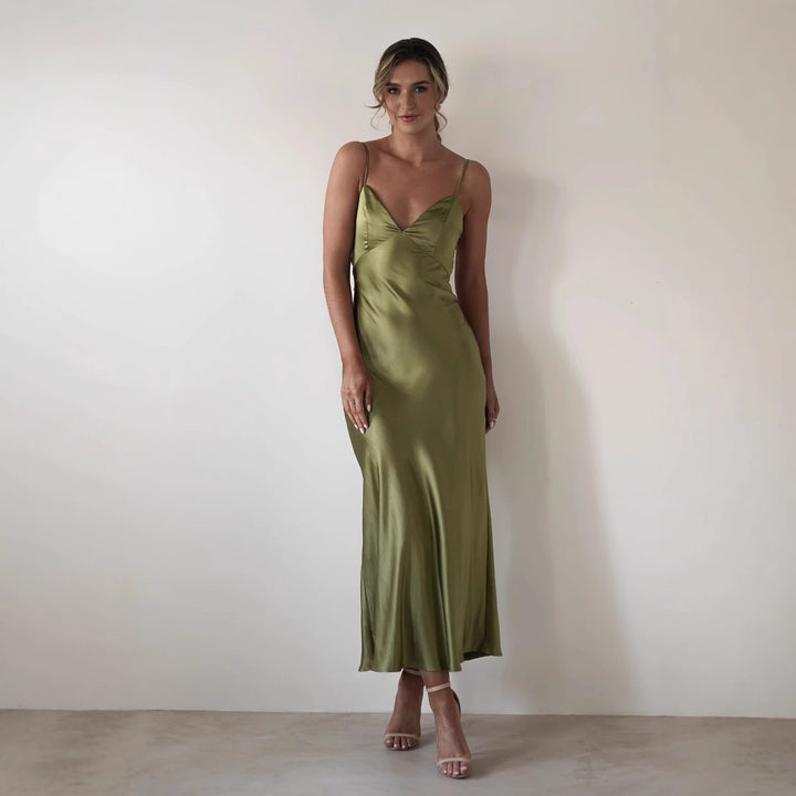 Ladies Satin Maxi Dress in elegant cut with narrow spaghetti straps Lune London