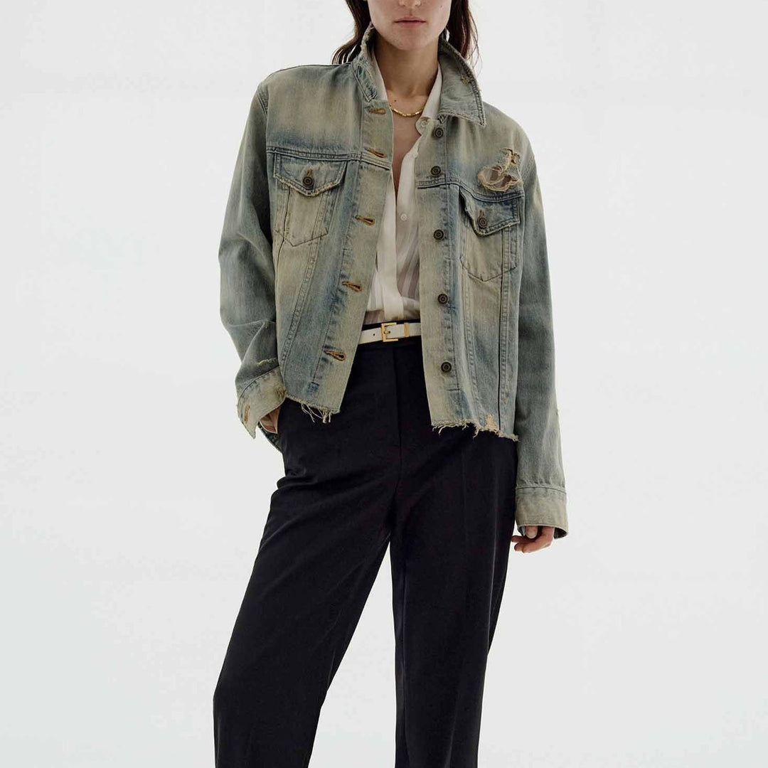 Women's fashionable denim jacket in vintage style with a casual fit and frayed details Lisslune