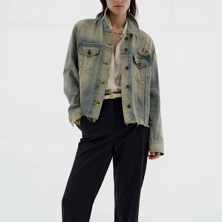 Women's fashionable denim jacket in vintage style with a casual fit and frayed details Lisslune