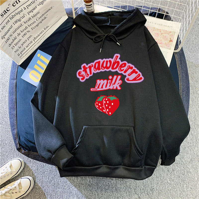 Ladies hooded sweatshirt with cheerful strawberry milk design Lisslune