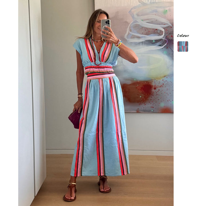Ladies Beach Maxi Dress with Elastic Waistband and Colorful Striped Pattern Lune London