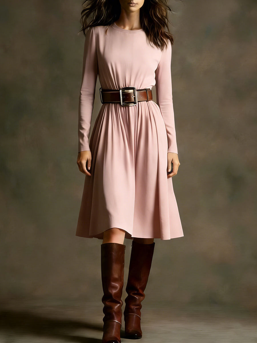 Women Elegant Dress with Long Sleeve and Waist Belt Lisslune
