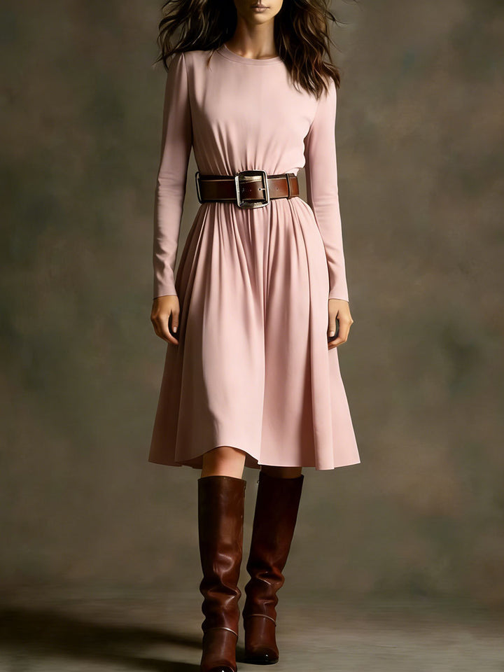 Women Elegant Dress with Long Sleeve and Waist Belt Lisslune