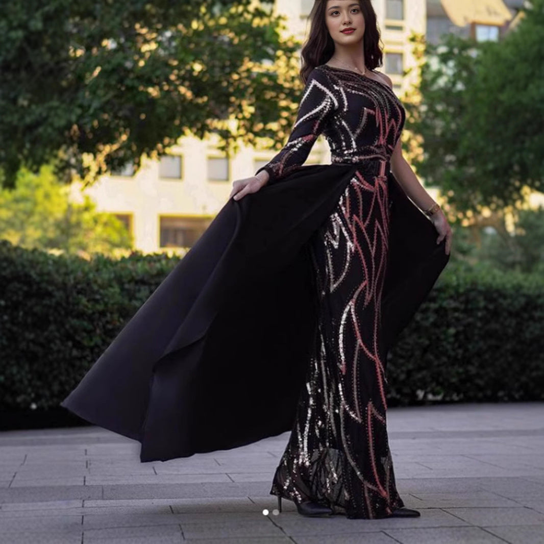 Women's maxi dress with glittering pattern and elegant cape Lisslune