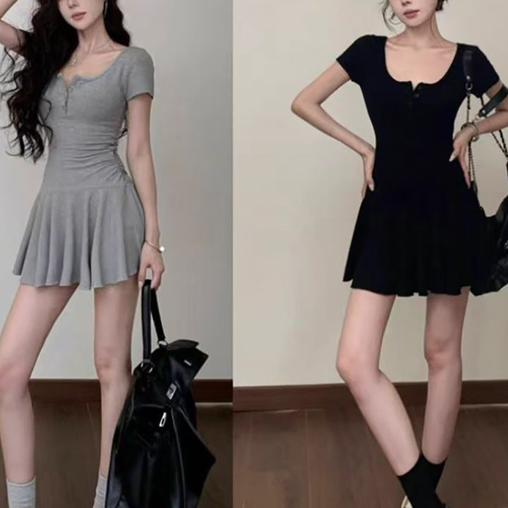 Women's casual dress with stylish ruffle hem and button detail