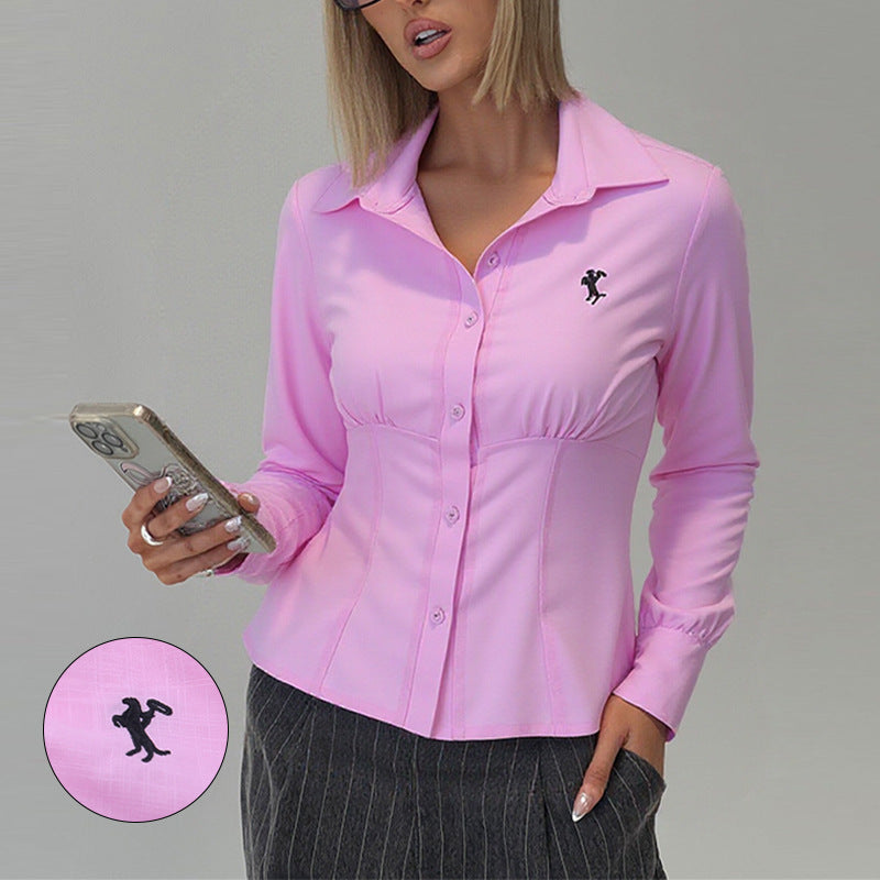 Ladies fitted shirt with stylish button placket and stand-up collar