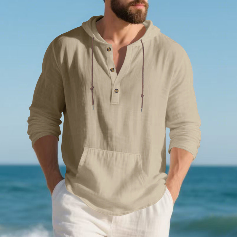 Men's casual hooded top with button placket and practical kangaroo pocket Lisslune