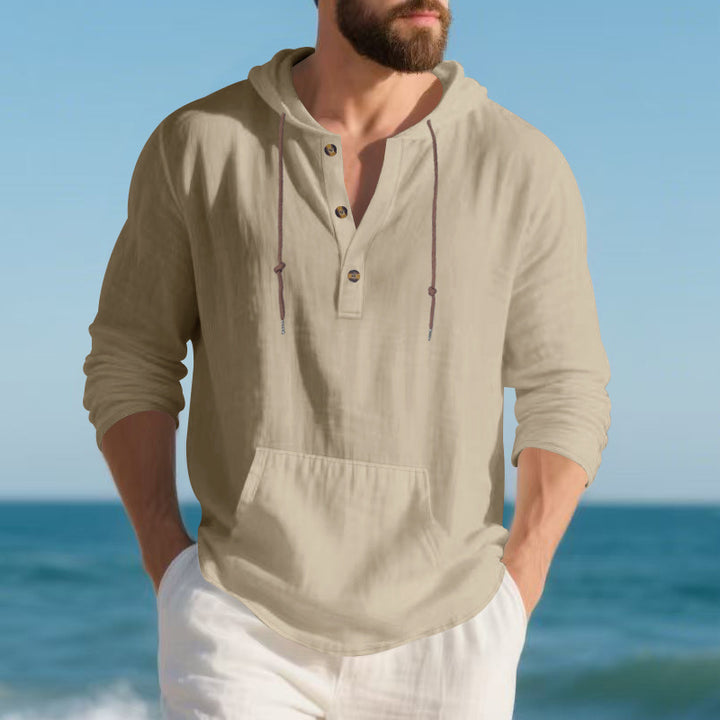 Men's casual hooded top with button placket and practical kangaroo pocket Lisslune