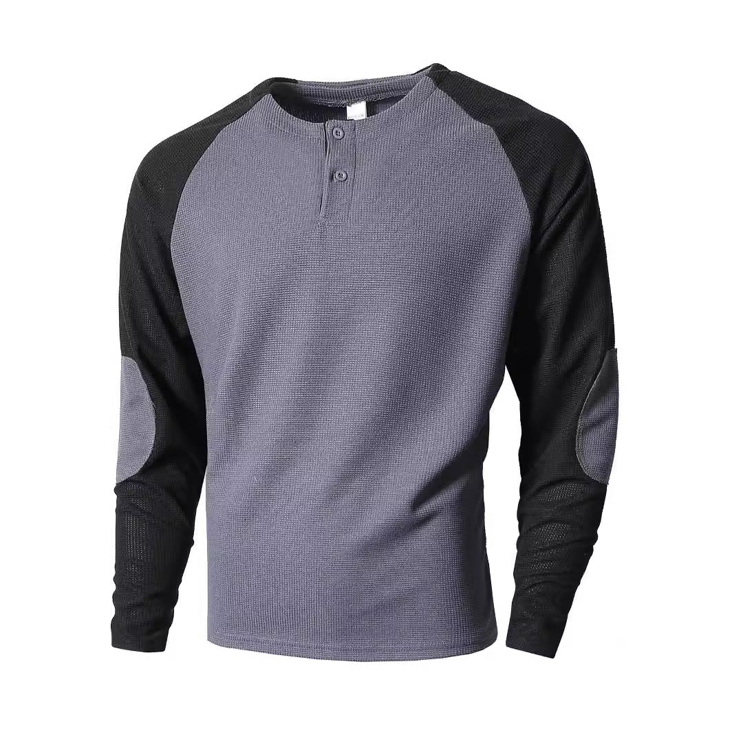 Men's long sleeve shirt with fashionable Henley neckline and textured sleeves Lisslune