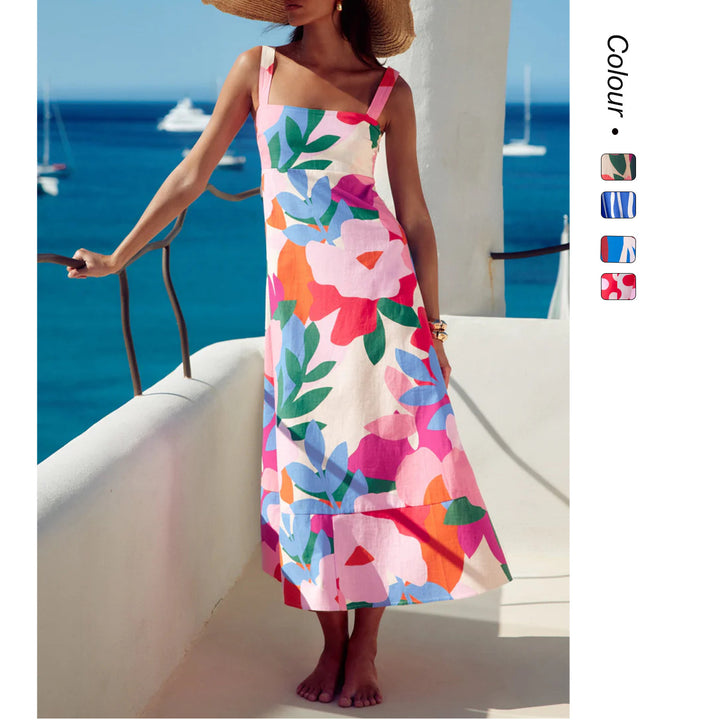 Ladies max dress with floral design and backless cut