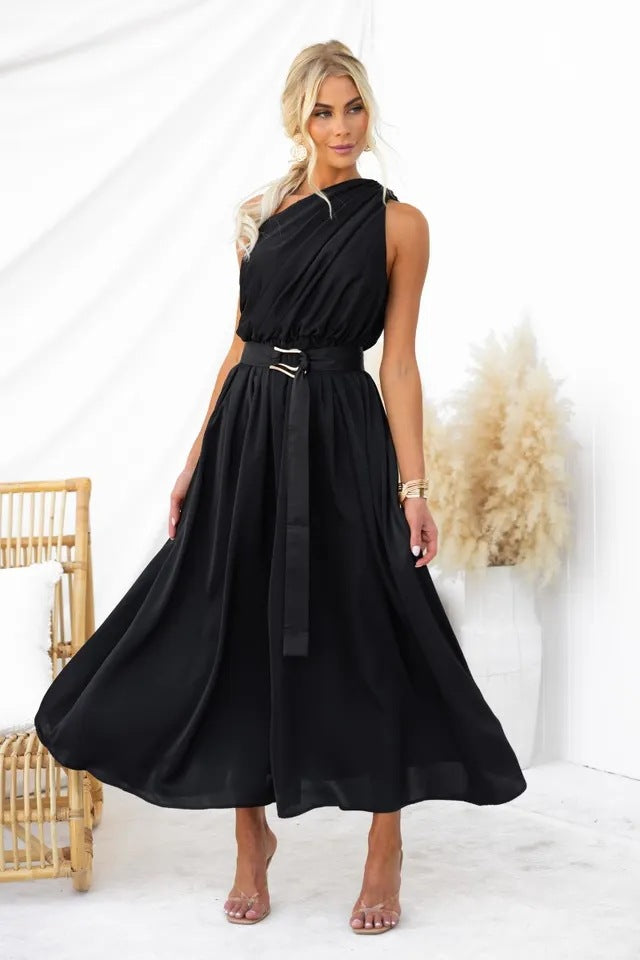 Women's evening dress with asymmetric strap design and elegant waist belt Lune London