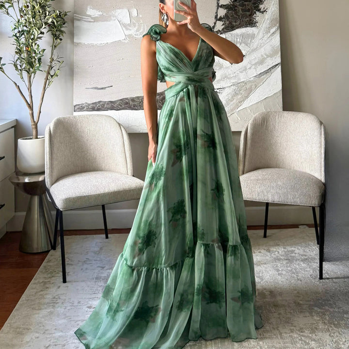 Women's maxi dress with airy ruffle details and extravagant wrap design