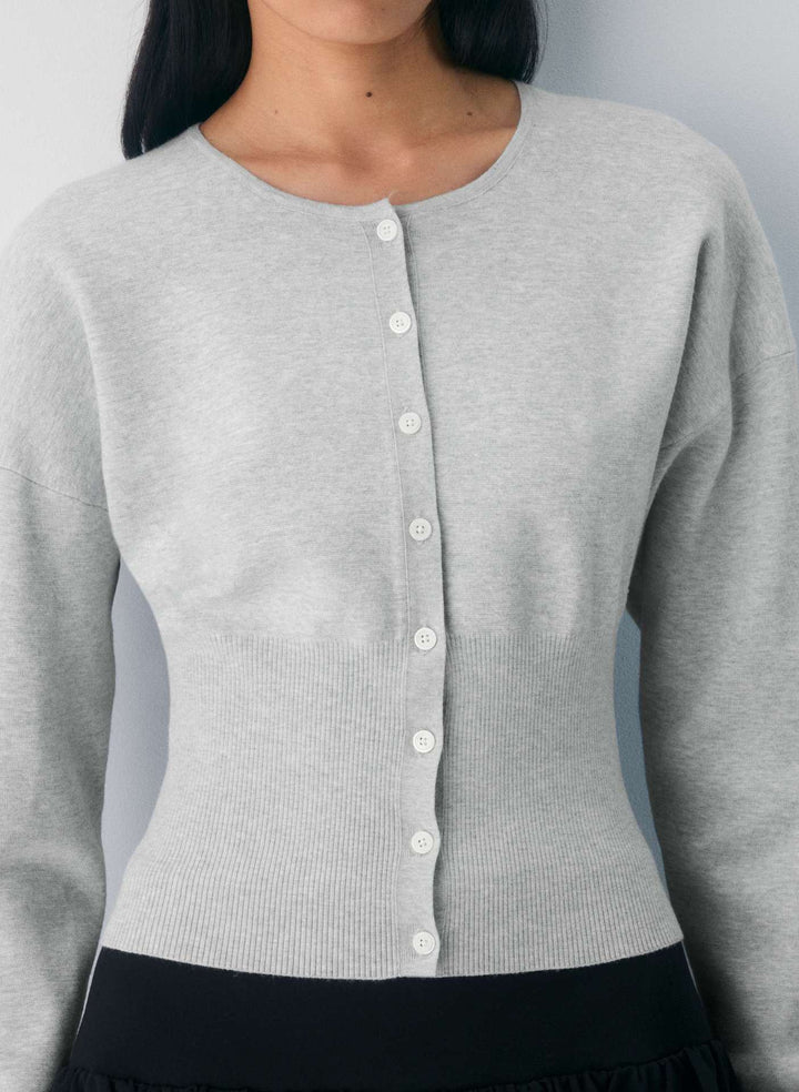 Women's Cropped Cardigan with Button Placket and Ribbed Knit Lisslune