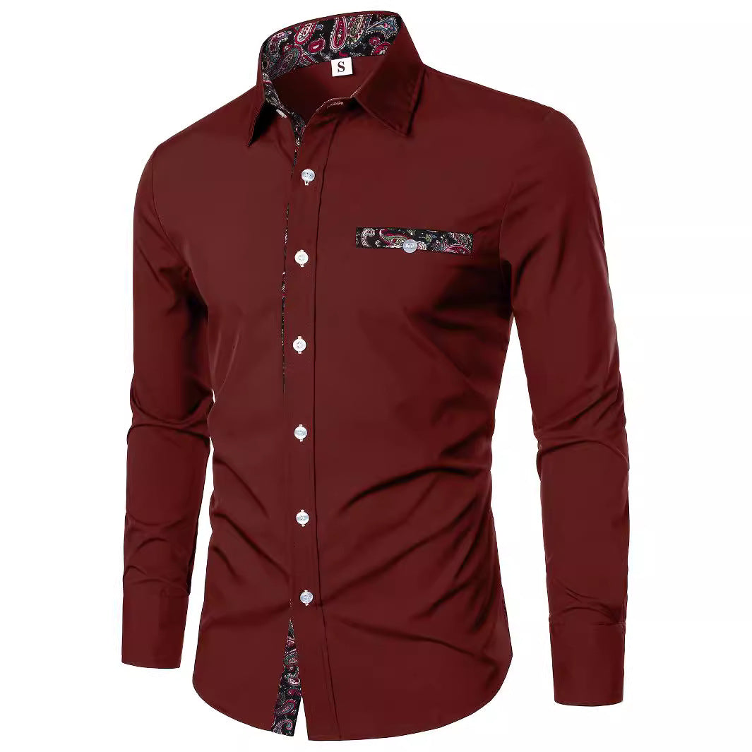 Men's long-sleeve shirt with paisley pattern on the collar's inner side Lisslune