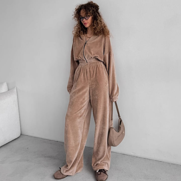 Women's Sporty Fleece Set with Zipper and Elastic Waistband Lisslune