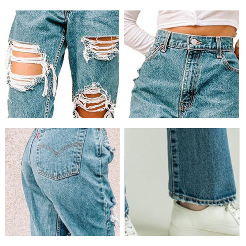Damen Vintage High-Waist Destroyed Jeans mit fransigen Details Lisslune