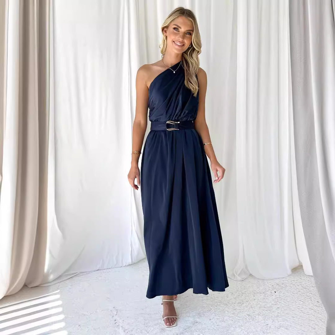 Women's evening dress with asymmetric strap design and elegant waist belt Lune London