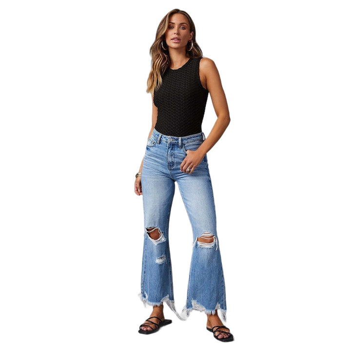Women's Flared Jeans with stylish tear details and frayed hems Lisslune