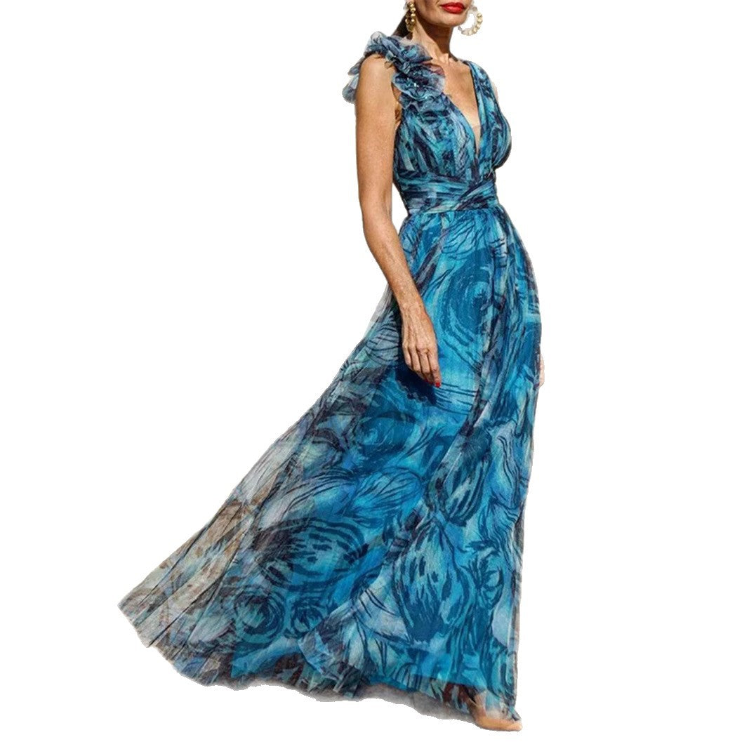 Ladies Elegant Maxi Dress with Delicate Ruffle Details and Opaque Chiffon Lisslune