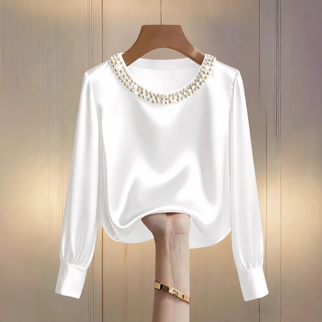 Damen elegante satinierte Bluse mit Perlenkragen Lisslune