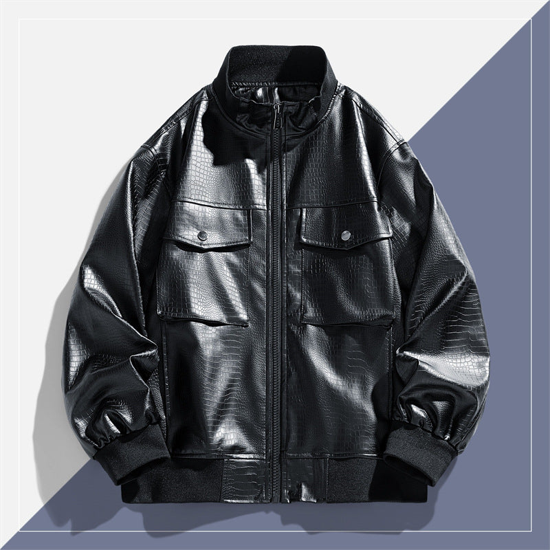 Men's modern synthetic leather jacket with trendy flap pockets Lisslune