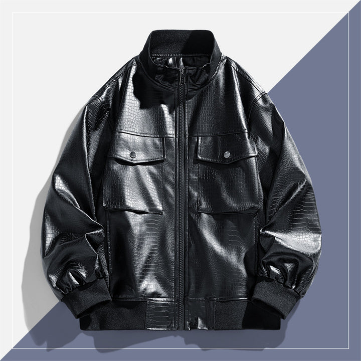 Men's modern synthetic leather jacket with trendy flap pockets Lisslune