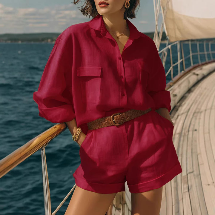 Women's Airy Short Sleeve Shirt and Shorts Set Lisslune