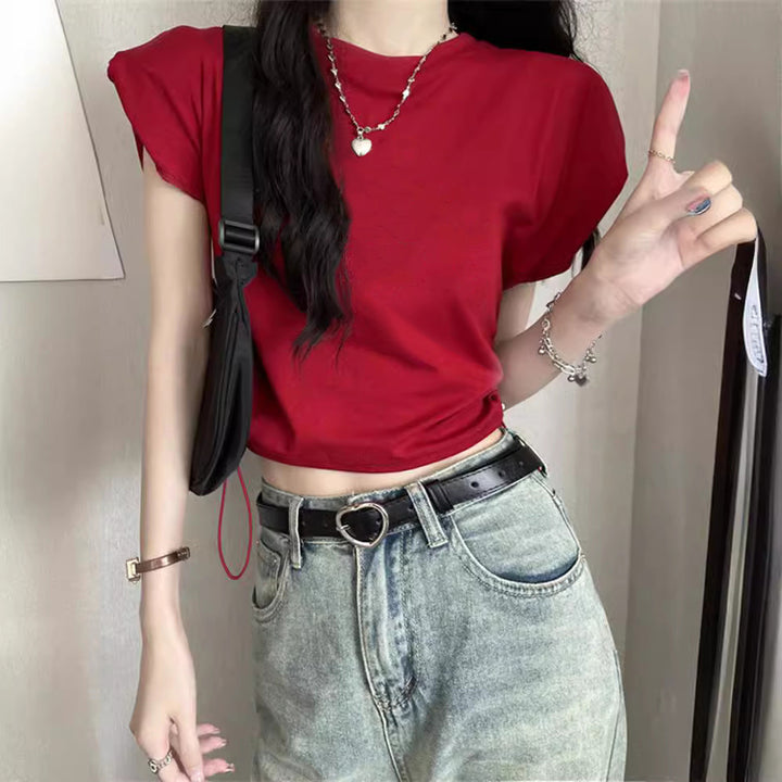 Women's Cropped T-Shirt with adjustable drawstring and trendy puff sleeves
