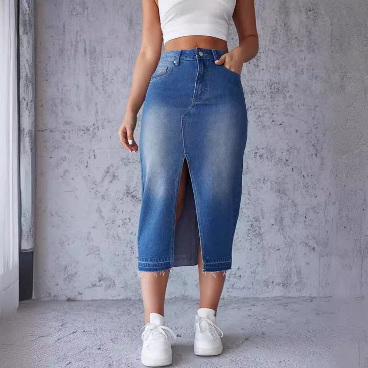 Women's denim midi skirt with high slit and tailored cut Lisslune