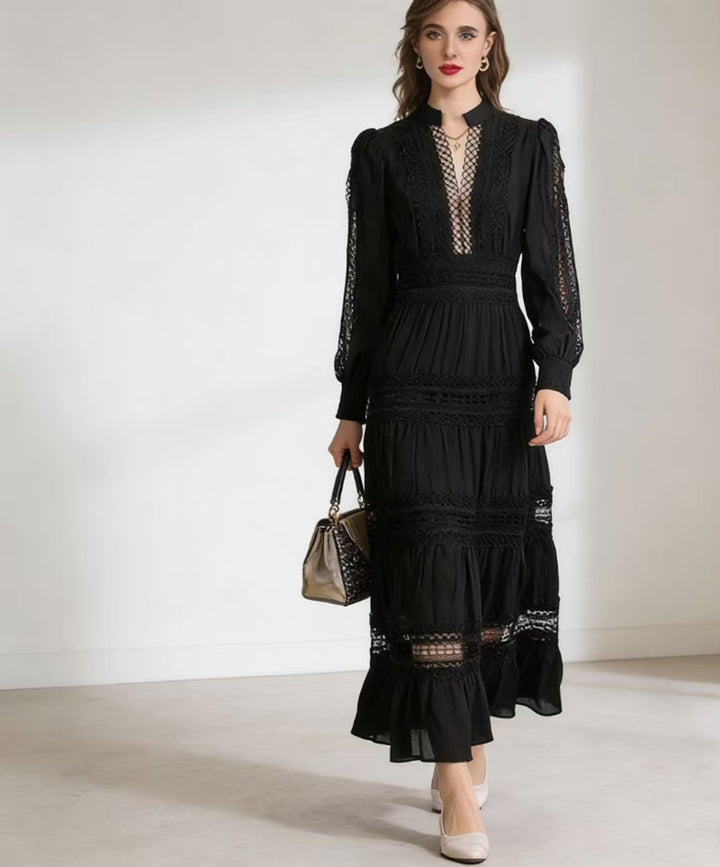 Ladies romantic maxi dress with transparent inserts and ruffle details Lisslune