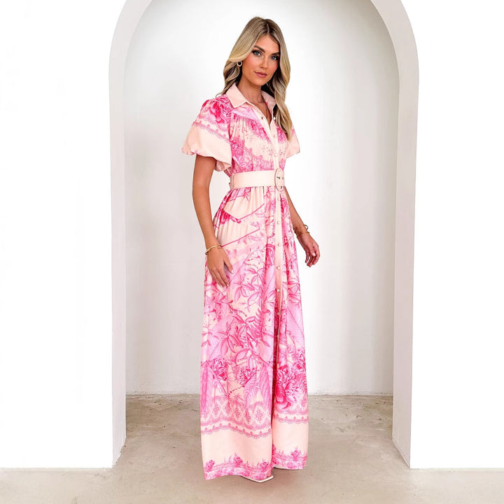 Women's maxi dress with floral pattern and elegant ruffles