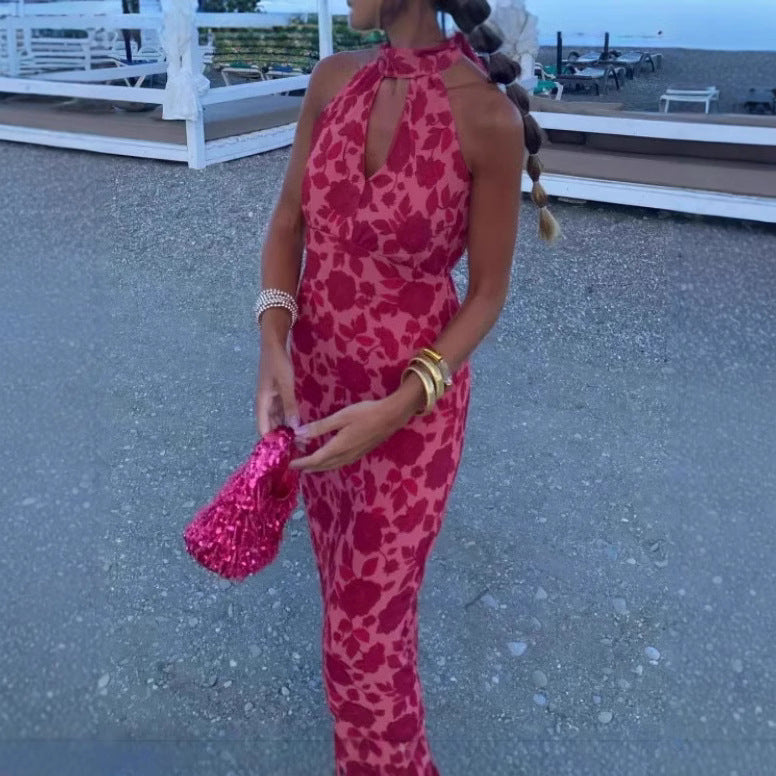 Ladies Elegant Evening Dress with Refined Neckline and Floral Design Lisslune