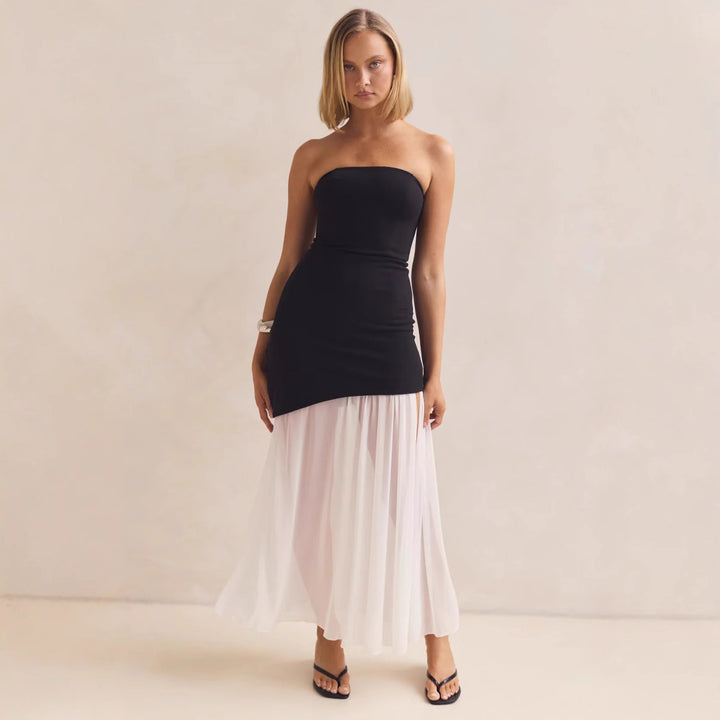 Women's Elegant Bandeau Maxi Dress with Flowing Chiffon Skirt and Figure-Hugging Bodice