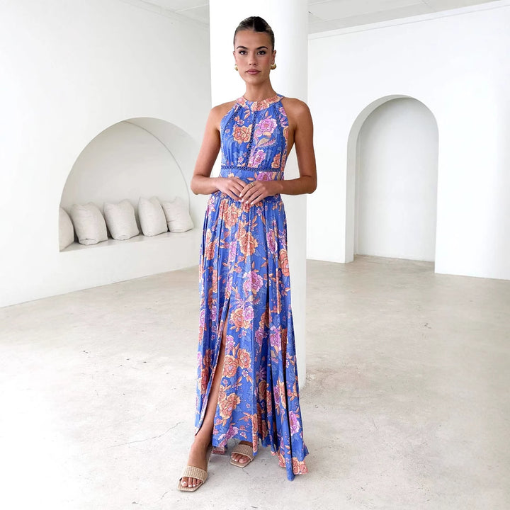 Women’s maxi dress with elegant floral design and flowing skirt