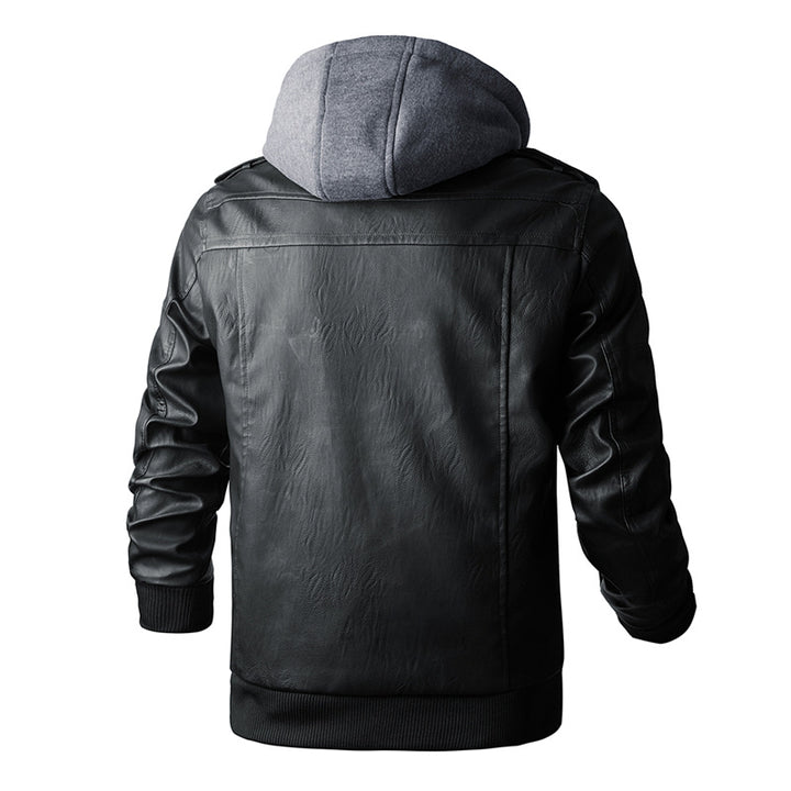Men's Leather Jacket with Integrated Hood and Practical Pockets Lisslune