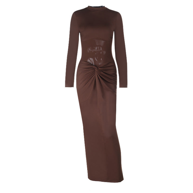 Women Elegant Maxi Dress with long-sleeved, figure-shaping design and subtle ruffle detail