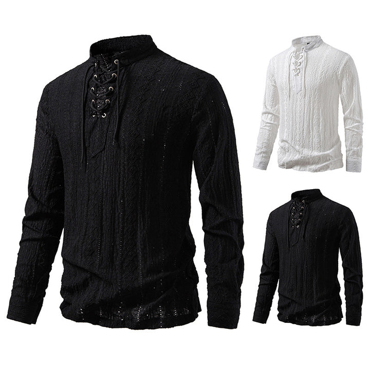 Men's long sleeve shirt with unique textured pattern and drawstring Lisslune