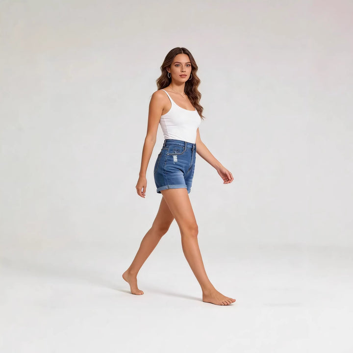 Women's High-Waist Denim Shorts with a casual cut and modern destroyed details Lisslune