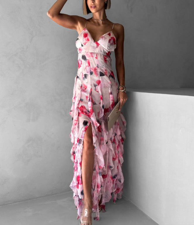 Ladies Flowing Chiffon Maxi Dress with Ruffle Details and Floral Accents Lisslune