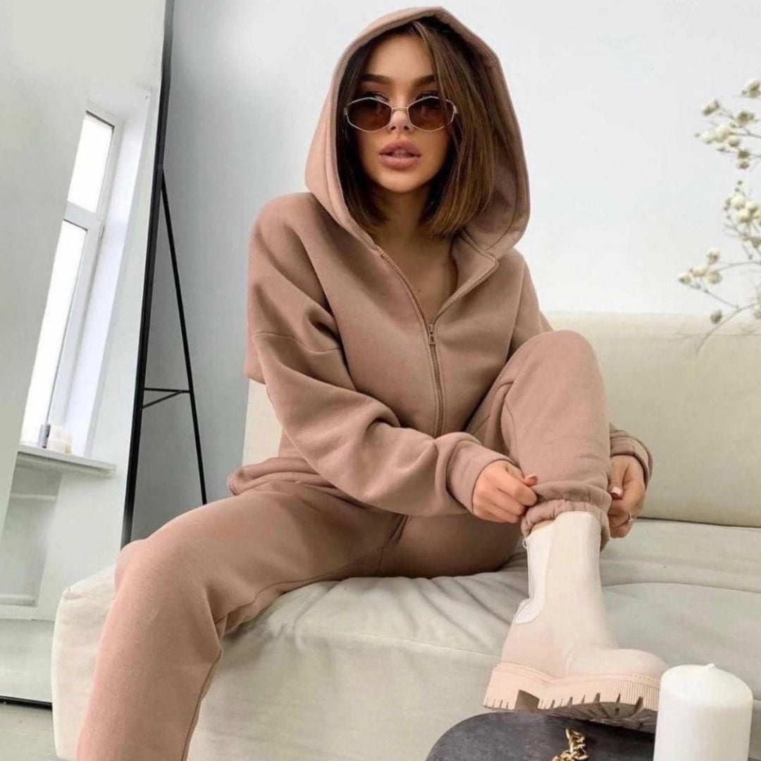 Women's sporty fleece jumpsuit with hood and zipper Lisslune