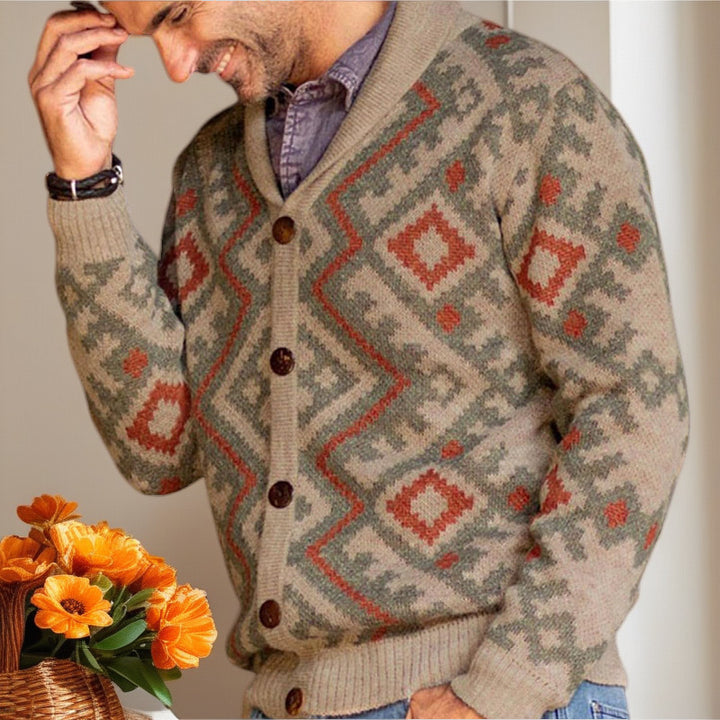 Men's cardigan with geometric pattern and cozy shawl collar Lisslune