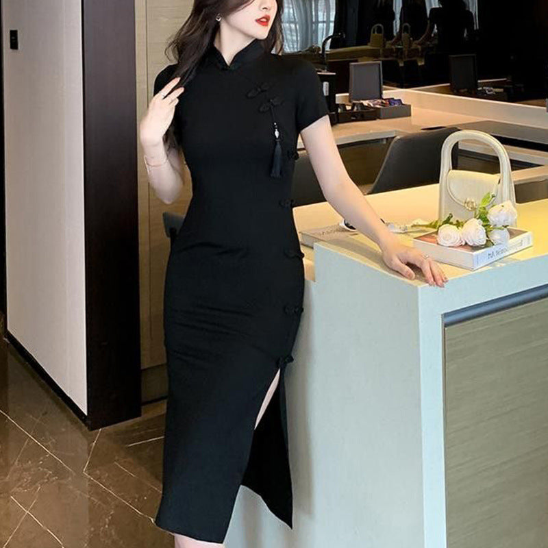Ladies elegant bodycon dress with high slit and short sleeves Lisslune