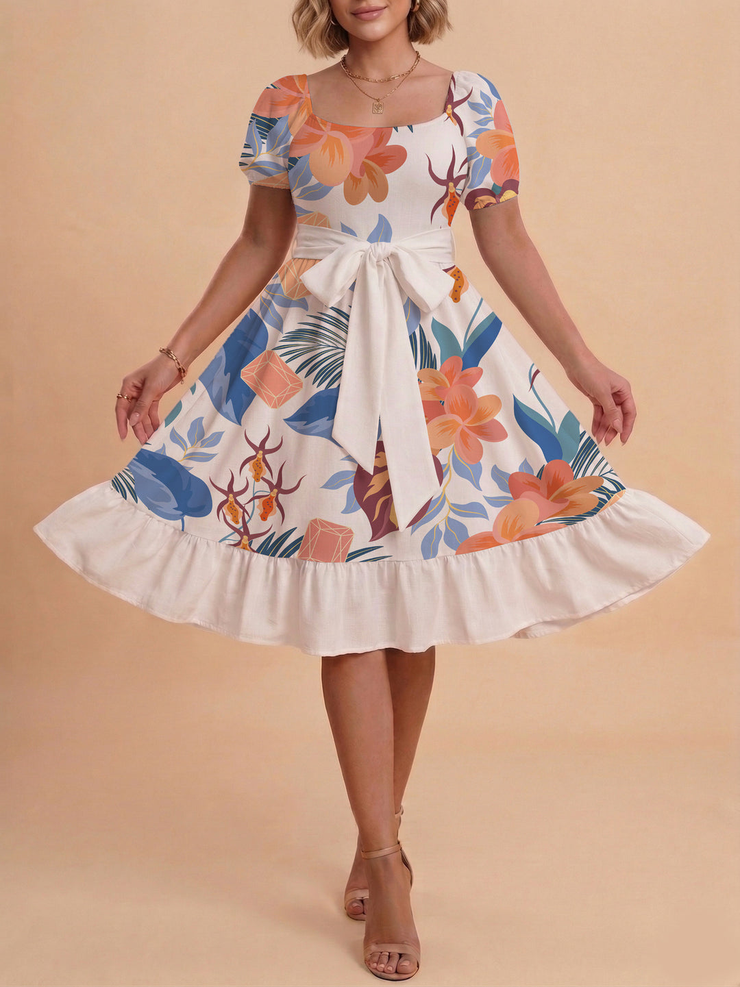 Women A-line dress with floral motifs and adjustable belt Lisslune