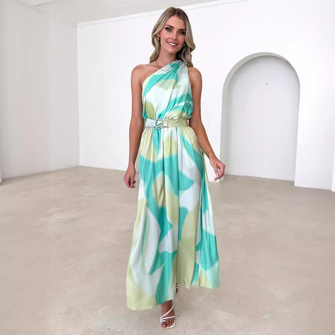Women's evening dress with asymmetric strap design and elegant waist belt Lune London