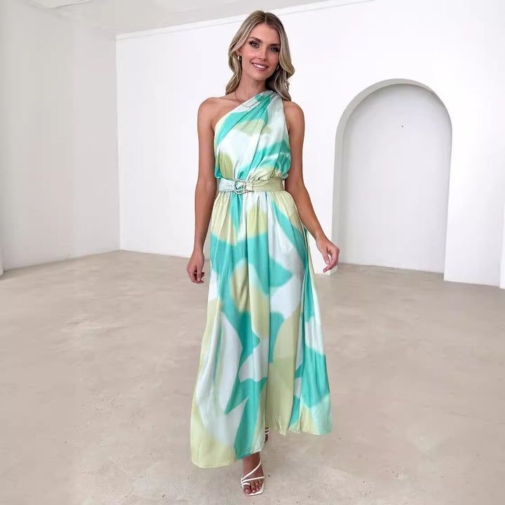 Women's evening dress with asymmetric strap design and elegant waist belt Lune London