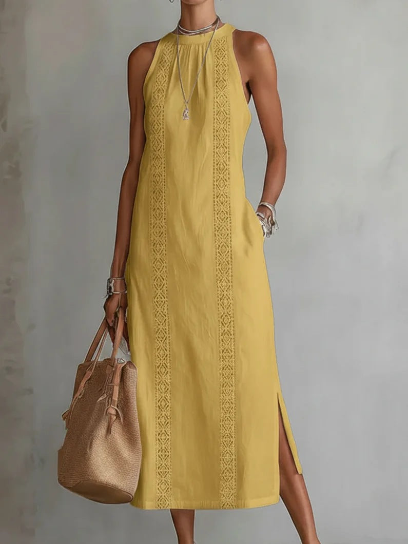 Damen Elegantes Sommer-Maxi-Kleid mit Spitzenapplikation und seitlichem Schlitz Lisslune